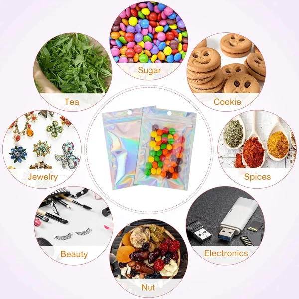 10Pc Smell Proof Mylar Bags Resealable Odor Proof Bags Holographic Packaging Pouch Bag With Clear Window For Food 6