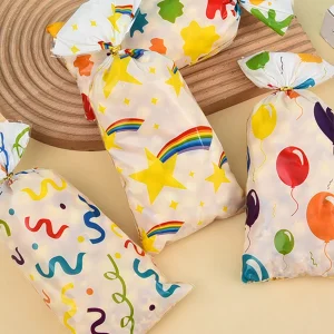 50pc Colorful Ribbon Balloon Doodle Pattern Gift Pack Flat Pocket, Rainbow Printed Wedding Graduation Party Gift Small Candy Bag 1