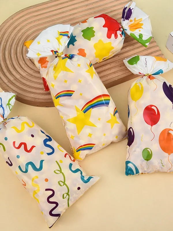 50pc Colorful Ribbon Balloon Doodle Pattern Gift Pack Flat Pocket, Rainbow Printed Wedding Graduation Party Gift Small Candy Bag 1