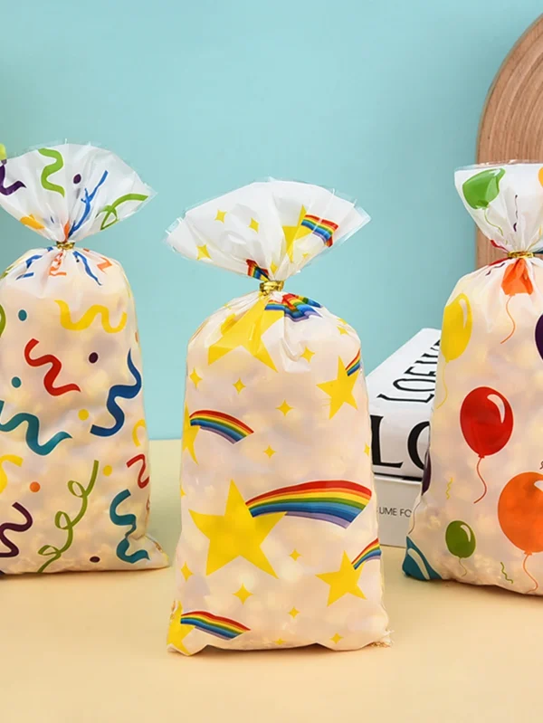50pc Colorful Ribbon Balloon Doodle Pattern Gift Pack Flat Pocket, Rainbow Printed Wedding Graduation Party Gift Small Candy Bag 2