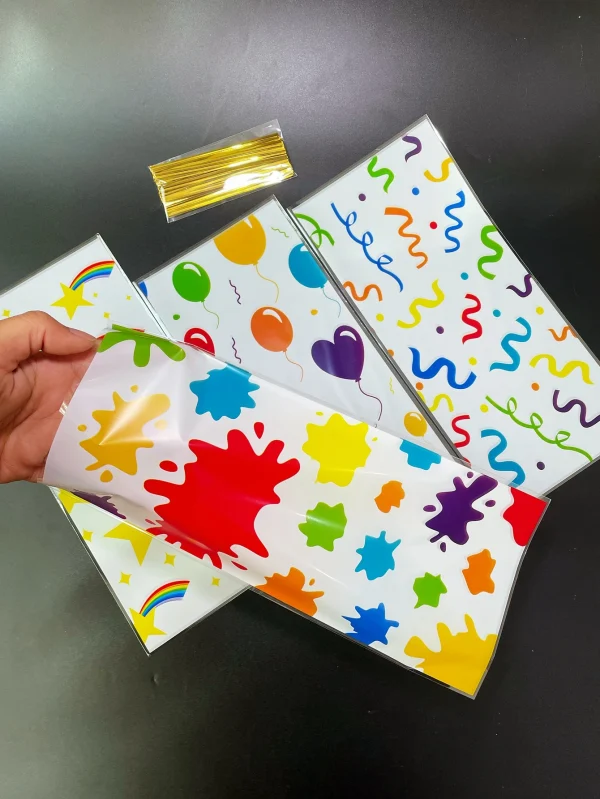 50pc Colorful Ribbon Balloon Doodle Pattern Gift Pack Flat Pocket, Rainbow Printed Wedding Graduation Party Gift Small Candy Bag 4