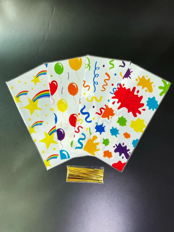 50pc Colorful Ribbon Balloon Doodle Pattern Gift Pack Flat Pocket, Rainbow Printed Wedding Graduation Party Gift Small Candy Bag 5