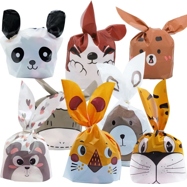 10/20pcs Plastic Carton Animal Candy Bags Rabbit Ear Bags For Kids Birthday Party Biscuits Baking Gifts Packaging Supplies 2