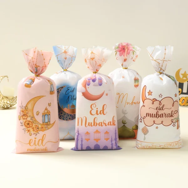 25/50/100Pcs EID Mubarak Gift Cookie Bags With Strap Candy Baking Packaging Bag 2025 Ramadan Decor Muslim Islamic Party Supplies 1