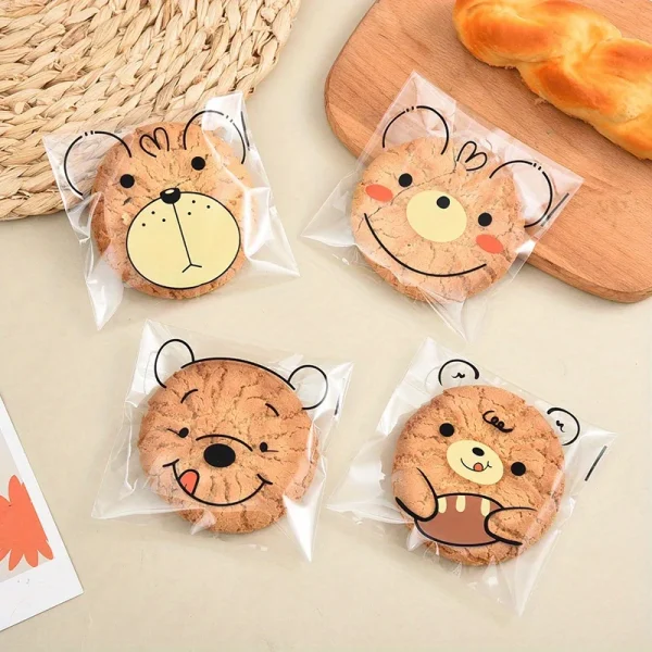 100PCS Cartoon Bear Four in One OPP Self-adhesive Bag, Donut Baking Self-adhesive Bag, Cartoon Cute Food Packaging 3