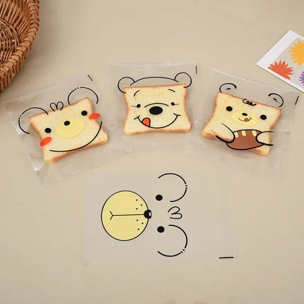 100PCS Cartoon Bear Four in One OPP Self-adhesive Bag, Donut Baking Self-adhesive Bag, Cartoon Cute Food Packaging 4