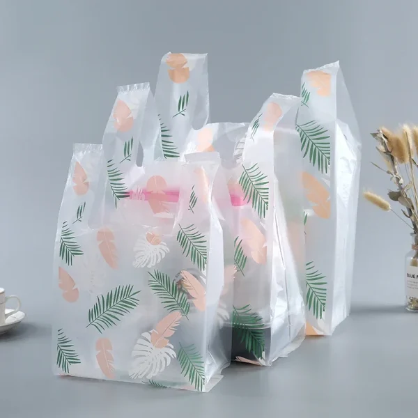 50pcs Food Plastic Bag Fashion Feather Pattern Vest Bag Pizza Burger Outer Packing Bag Supermarket Store Party Wedding Candy Bag 2