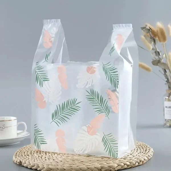 50pcs Food Plastic Bag Fashion Feather Pattern Vest Bag Pizza Burger Outer Packing Bag Supermarket Store Party Wedding Candy Bag 3