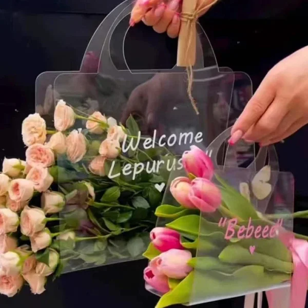 New Transparent Flower Bag with Handle Fresh Flower Bouquet Wrapping Boxes Wedding Birthday Party Gift Rose Packaging Handbags 2