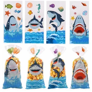 50pcs Cute Cartoon Shark Head Transparent Opp Bag, Ocean Animals Printed Gift Candy Packaging Strip Flat Bags With Gold Ribbon 1