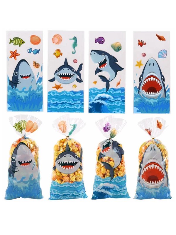 50pcs Cute Cartoon Shark Head Transparent Opp Bag, Ocean Animals Printed Gift Candy Packaging Strip Flat Bags With Gold Ribbon 1