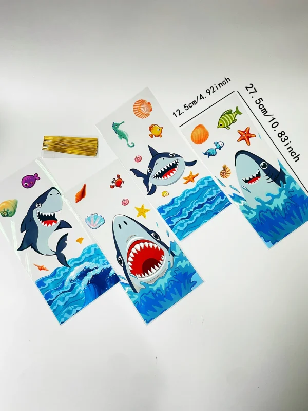 50pcs Cute Cartoon Shark Head Transparent Opp Bag, Ocean Animals Printed Gift Candy Packaging Strip Flat Bags With Gold Ribbon 2