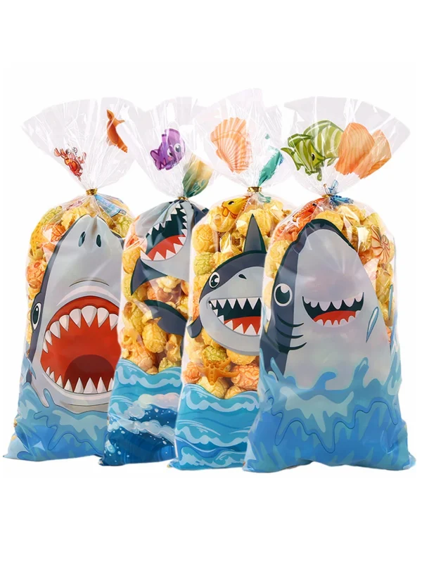 50pcs Cute Cartoon Shark Head Transparent Opp Bag, Ocean Animals Printed Gift Candy Packaging Strip Flat Bags With Gold Ribbon 3