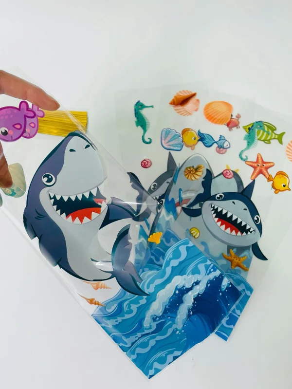 50pcs Cute Cartoon Shark Head Transparent Opp Bag, Ocean Animals Printed Gift Candy Packaging Strip Flat Bags With Gold Ribbon 4