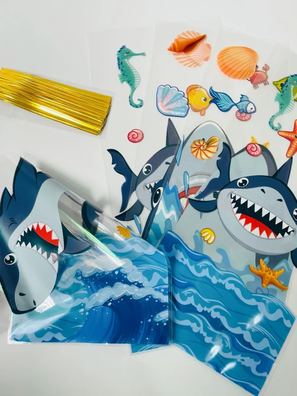 50pcs Cute Cartoon Shark Head Transparent Opp Bag, Ocean Animals Printed Gift Candy Packaging Strip Flat Bags With Gold Ribbon 5