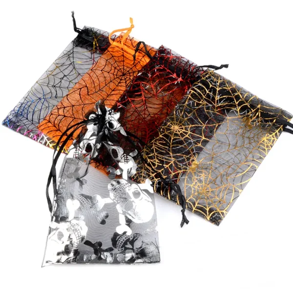 10x15cm Halloween Organza Gift Bag Drawstring Spider Web Multi Color Printing Packaging Gift High Quality Candy Bag 1