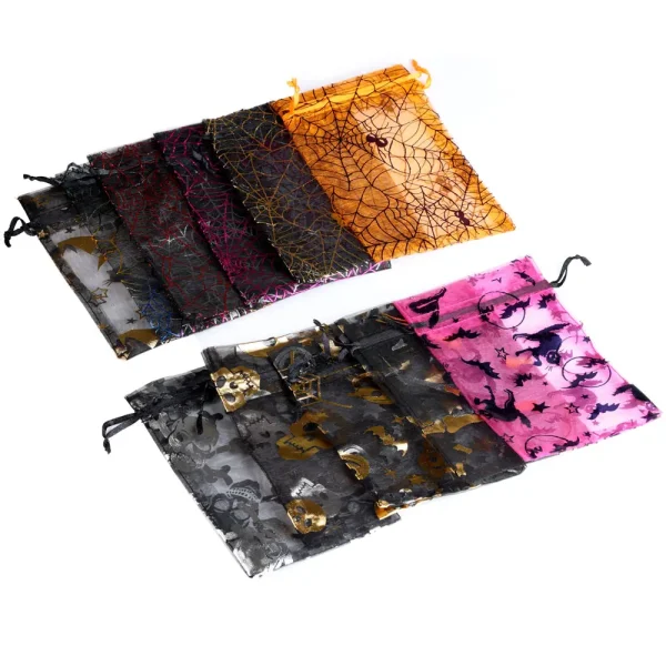 10x15cm Halloween Organza Gift Bag Drawstring Spider Web Multi Color Printing Packaging Gift High Quality Candy Bag 2