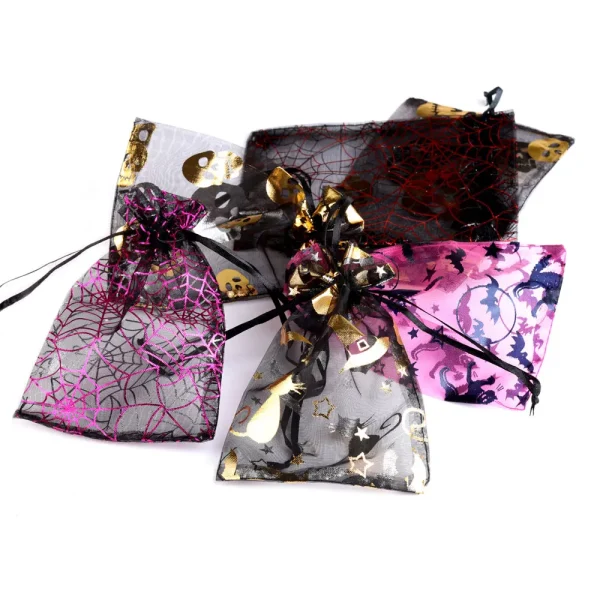 10x15cm Halloween Organza Gift Bag Drawstring Spider Web Multi Color Printing Packaging Gift High Quality Candy Bag 3