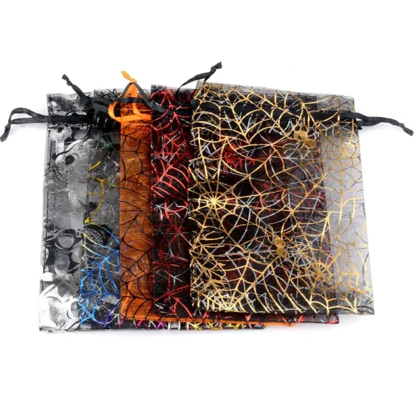 10x15cm Halloween Organza Gift Bag Drawstring Spider Web Multi Color Printing Packaging Gift High Quality Candy Bag 4