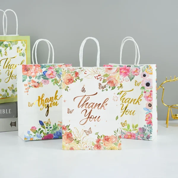5Pcs Flowers Thank You Gift Bags Wedding Gift For Guests Paper Snack Cookie Candy Packing Bag Wedding Party Decoration 3