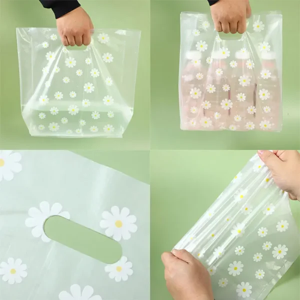 50/100pcs Daisy Printed Plastic Gift Bags With Plastic Handle,30*20cm Gift Bag,Perfect for Parties Holidays And Retail stores 5