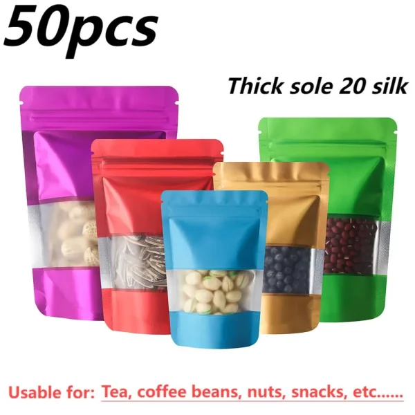 50 pcs Thickened 20c Viewable Window Upright Aluminum Foil Seal Bone Mylar Bag Tea Snacks Nuts Moisture Resistant Storage Bag 1