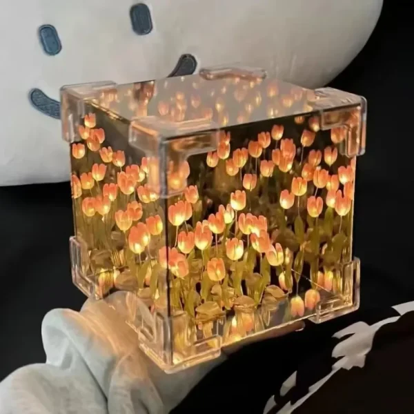 DIY Tulip Mirror Cube Lamp Flower Table Lamp Handmade Romantic Valentine's Day Lamp Tulips Home Decorations Gift for Girlfriend 1