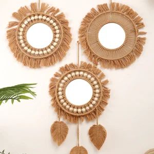Round Wall Mirrors Room Decor Hand Woven Decorative Mirror Wall Hanging Mirror for Apartment Living Room Bedroom Home Decoration 1