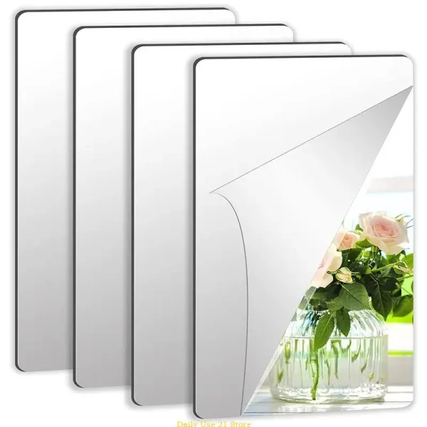 4pcs Acrylic Mirror Sheets Flexible Non Glass Mirror Tiles with 16pcs Adhesive Stickers for Home Wall Decor 1