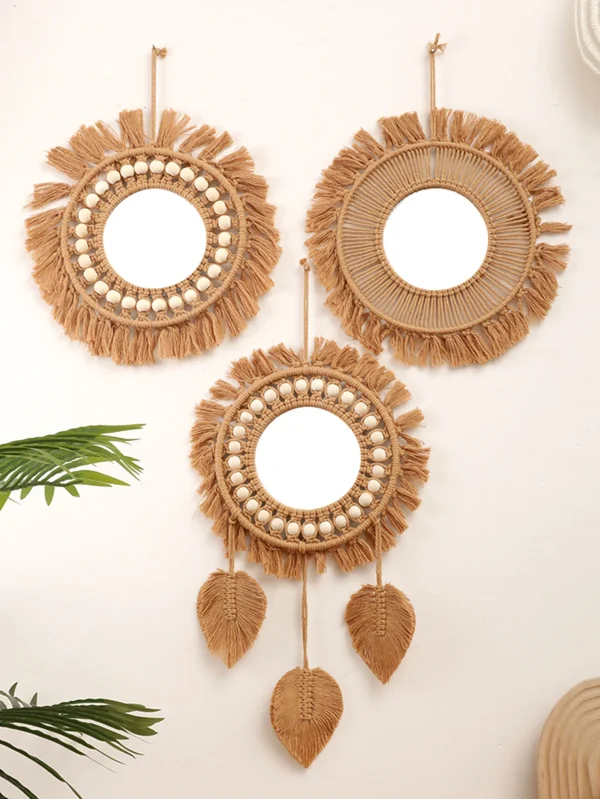Round Wall Mirrors Room Decor Hand Woven Decorative Mirror Wall Hanging Mirror for Apartment Living Room Bedroom Home Decoration 1