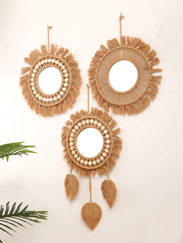 Round Wall Mirrors Room Decor Hand Woven Decorative Mirror Wall Hanging Mirror for Apartment Living Room Bedroom Home Decoration 2