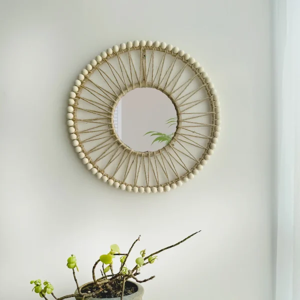 Hand-woven Nordic decorative hanging mirror creative wall sofa porch homestay style background wall hollow out decor mirror 4