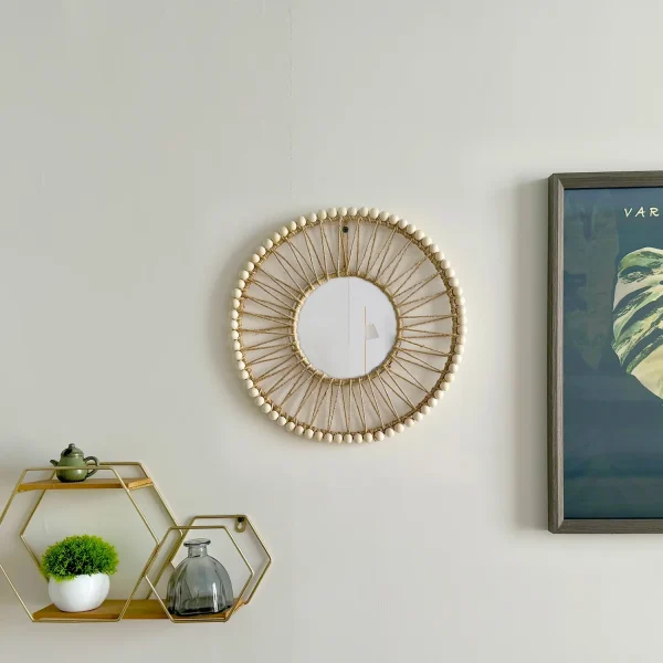 Hand-woven Nordic decorative hanging mirror creative wall sofa porch homestay style background wall hollow out decor mirror 5
