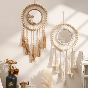 Wall Mirror Macrame Wooden Beads Decorative Mirrors Boho Home Decoration Room Decors Aesthetic Wall Art For Living Room Bedroom 1
