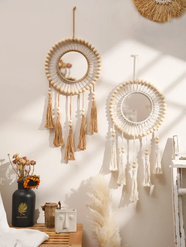 Wall Mirror Macrame Wooden Beads Decorative Mirrors Boho Home Decoration Room Decors Aesthetic Wall Art For Living Room Bedroom 1