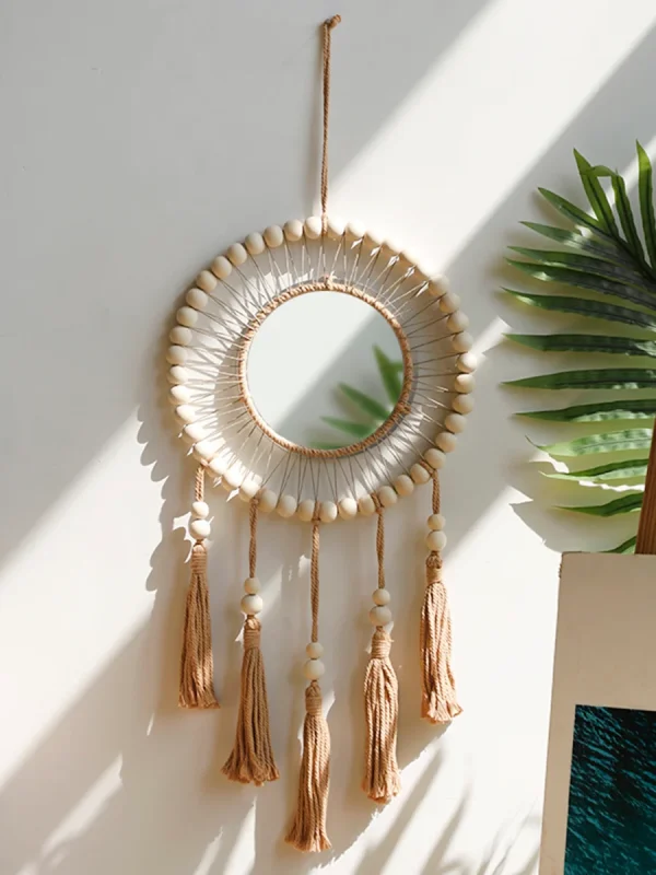 Wall Mirror Macrame Wooden Beads Decorative Mirrors Boho Home Decoration Room Decors Aesthetic Wall Art For Living Room Bedroom 2