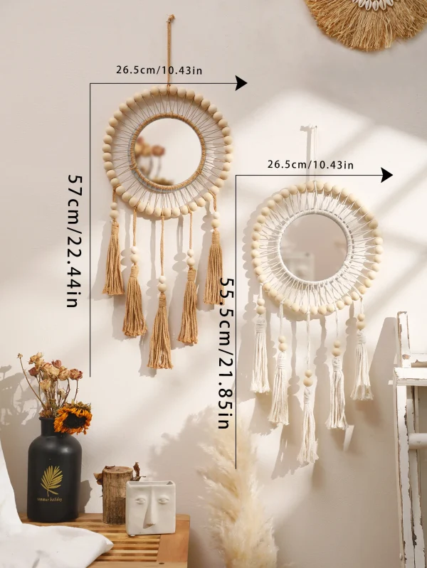 Wall Mirror Macrame Wooden Beads Decorative Mirrors Boho Home Decoration Room Decors Aesthetic Wall Art For Living Room Bedroom 5