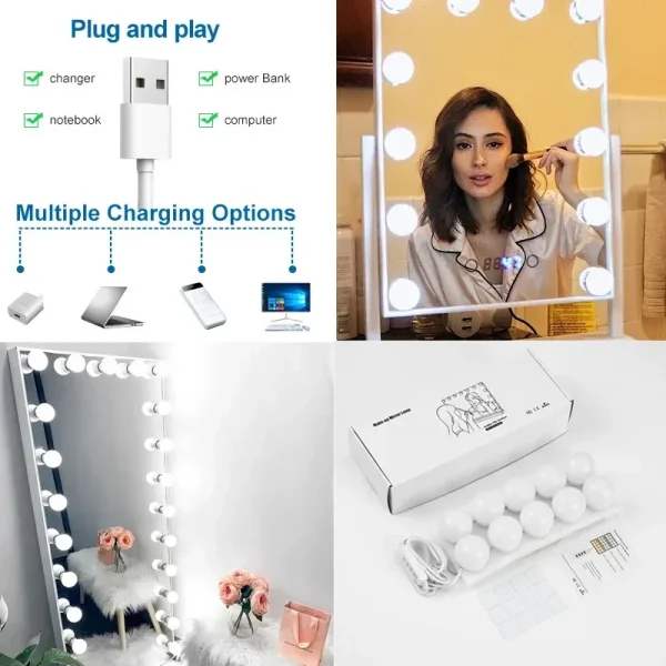 10PCS LED Make up Mirror Light Bulbs USB Hollywood Vanity Makeup Mirror Lights Bathroom Dressing Table Lighting Dimmable 4
