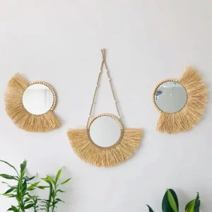 Boho Home Furnishing Forest Rattan Decorative wall mirrors Raffia Woven Wooden Bead Tapestry Living Room Decorative mirrors 1