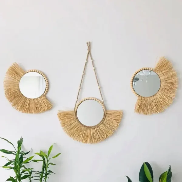 Boho Home Furnishing Forest Rattan Decorative wall mirrors Raffia Woven Wooden Bead Tapestry Living Room Decorative mirrors 1
