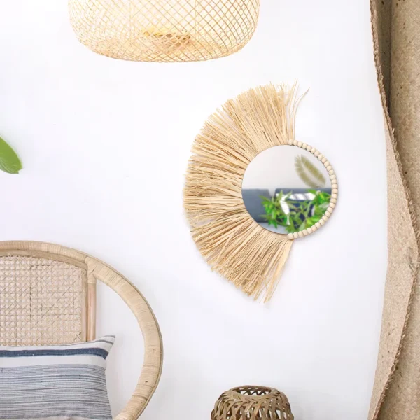 Boho Home Furnishing Forest Rattan Decorative wall mirrors Raffia Woven Wooden Bead Tapestry Living Room Decorative mirrors 2