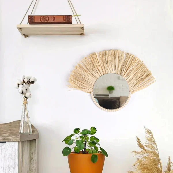 Boho Home Furnishing Forest Rattan Decorative wall mirrors Raffia Woven Wooden Bead Tapestry Living Room Decorative mirrors 3