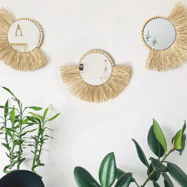 Boho Home Furnishing Forest Rattan Decorative wall mirrors Raffia Woven Wooden Bead Tapestry Living Room Decorative mirrors 4