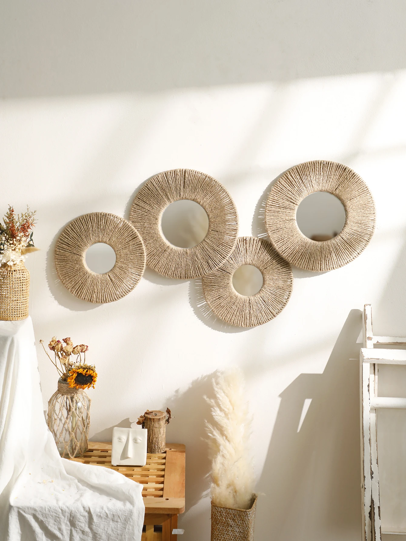 Round Wall Mirror Hanging Decorative Mirrors With Woven Hemp Rope Boho Mirrors for Bedroom Living Room Bathroom Wall Decor Gift 1