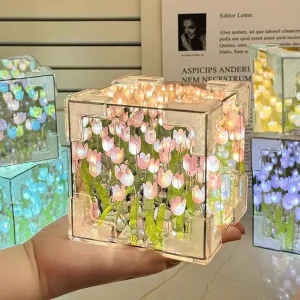 DIY Tulip Mirror Cube Lamp Simulation Flower Bedroom Sleeping Table Lamp Handmade Craft Tulips Mirror Birthday Gift Night Light 1