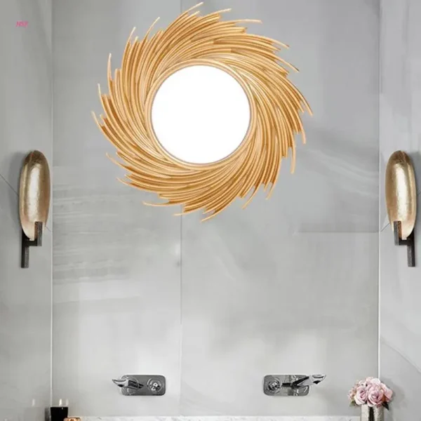 Sun Shape Decorative Mirror Room Background Wall Decorative Mirror Rattan Innovative Art Decoration Round Makeup Mirror 3