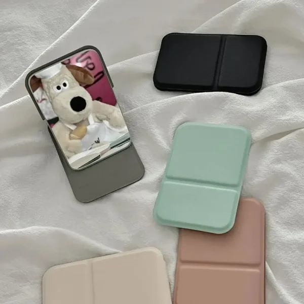 Desktop Makeup Mirror Solid Color PU Leather Simple Portable Handheld Makeup Mirror Foldable Student Compact Cute Pocket Mirror 3