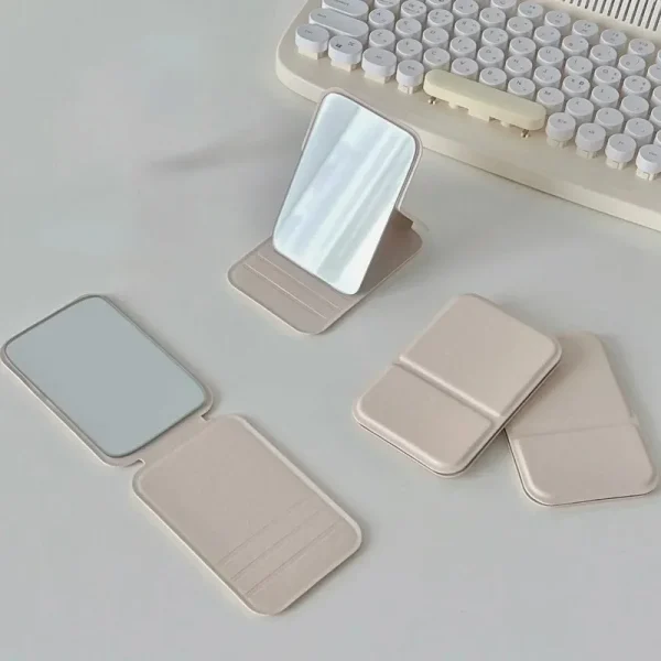 Desktop Makeup Mirror Solid Color PU Leather Simple Portable Handheld Makeup Mirror Foldable Student Compact Cute Pocket Mirror 4