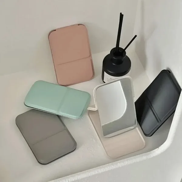 Desktop Makeup Mirror Solid Color PU Leather Simple Portable Handheld Makeup Mirror Foldable Student Compact Cute Pocket Mirror 6