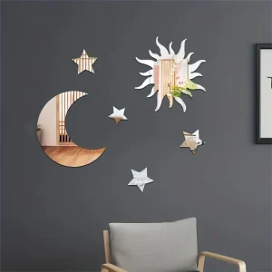6pcs Star Moon Sun Shaped Mirror Wall Sticker, Removable DIY Art Acrylic Wall Decal, Creative Self-adhesive Mirror Sticker For 1